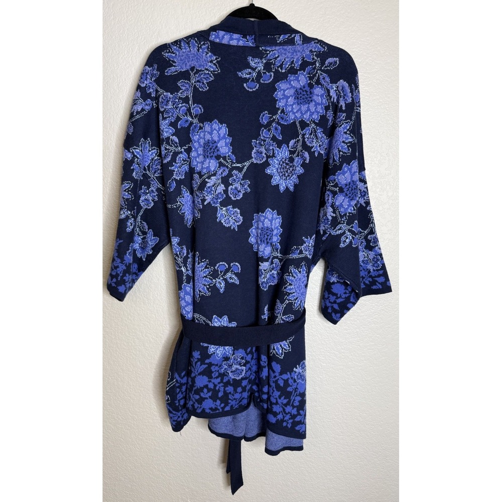 Isaac Mizrahi Womens 2X Jacquard Floral Sweater Cardigan Blue Pockets Belt - Picture 2 of 9